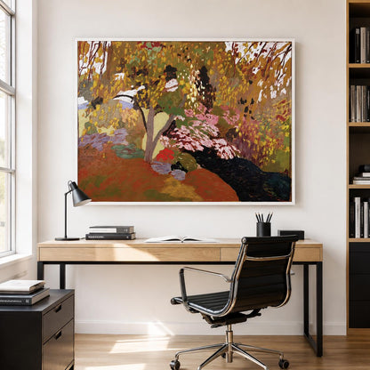 May include: A large rectangular framed wall art print featuring an impressionistic landscape painting with a palette of deep rust, olive green, golden yellow, and soft pink tones, depicting a dense garden scene with trees and a dark stream.
