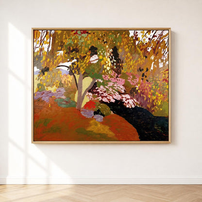 May include: A rectangular landscape painting in a light wood frame featuring a dense forest scene with a palette of deep orange, golden yellow, dark green, and soft pink blossoms. The composition depicts a dark stream flowing through trees.