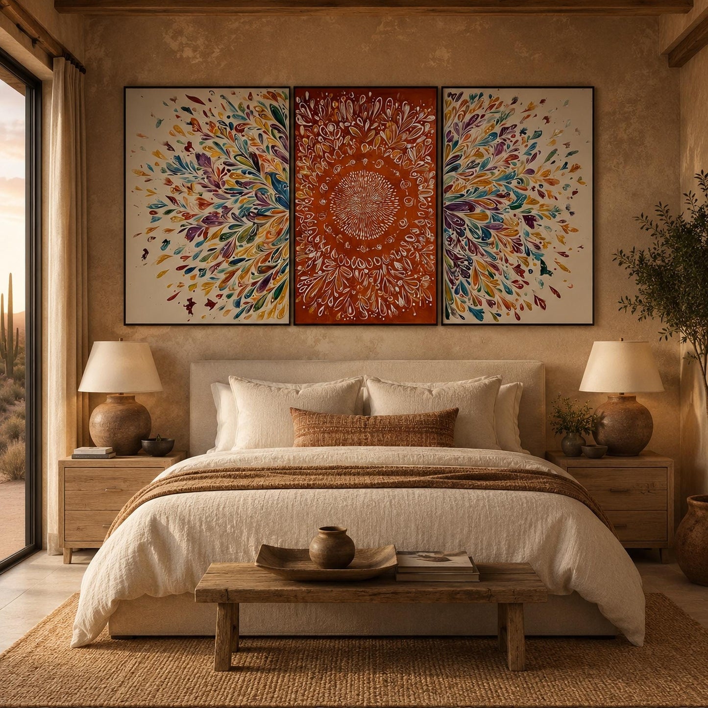 Vibrant Mandala Triptych Canvas Art – Floral Wall Art | Boho Hand-Painted Painting, view 4