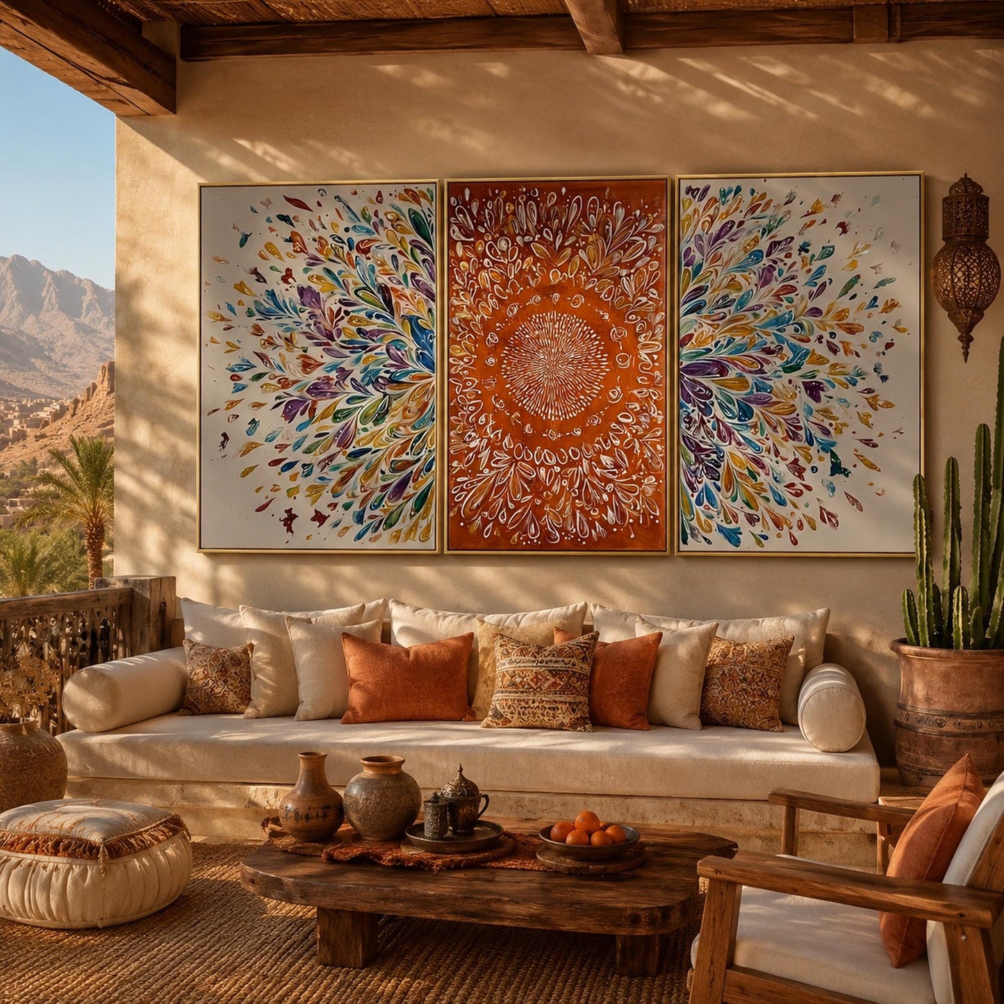 Boho Floral Wall Art – Vibrant Mandala Triptych Canvas Art
