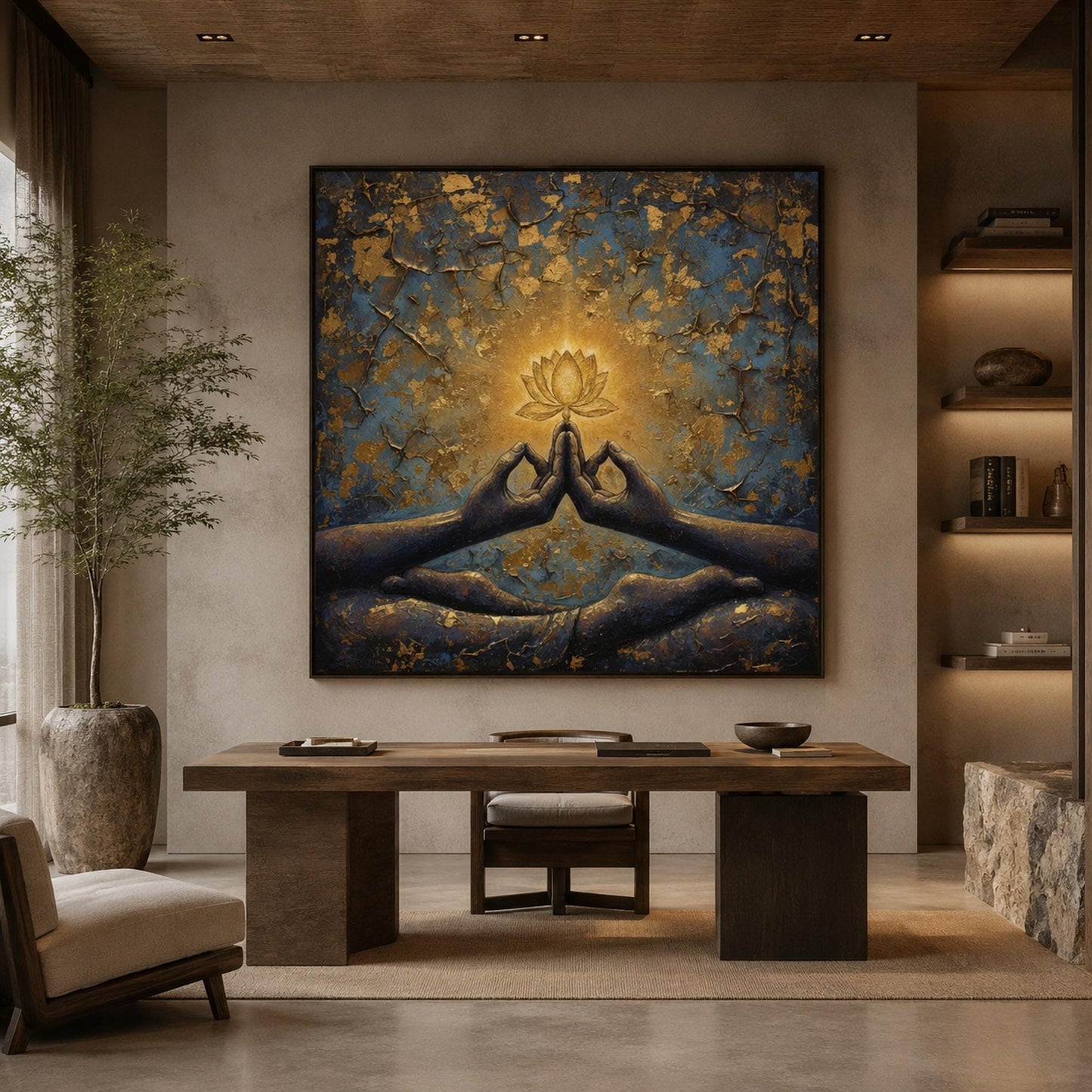 Blue and Gold Boho Lotus Floral Wall Art – Zen Lotus Flower Painting