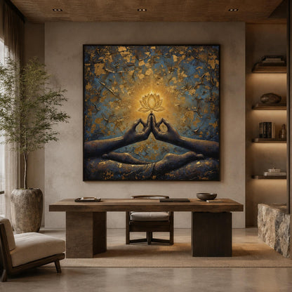 Blue and Gold Boho Lotus Floral Wall Art – Zen Lotus Flower Painting