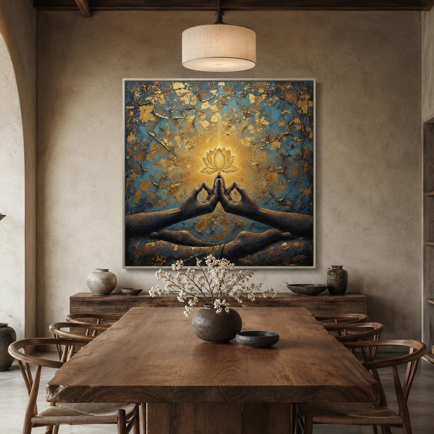 Blue and Gold Boho Lotus Floral Wall Art – Zen Lotus Flower Painting