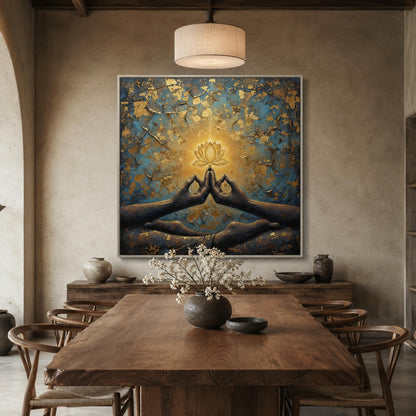 Blue and Gold Boho Lotus Floral Wall Art – Zen Lotus Flower Painting