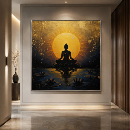 Buddha Painting Lotus Meditation Canvas – Gold Lotus Floral Wall Art | Painting, view 3