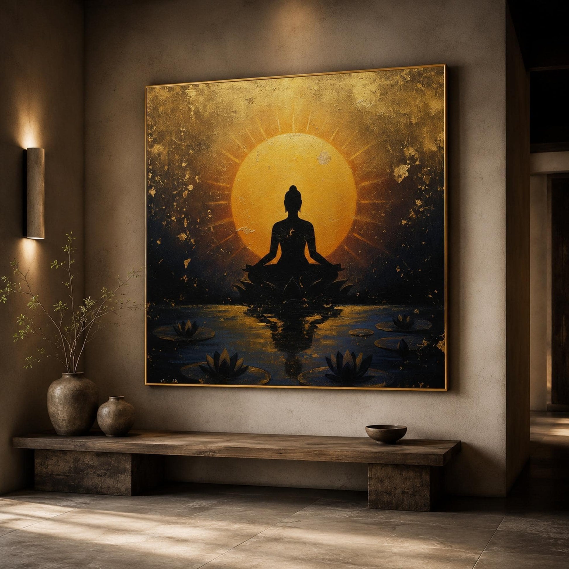 Buddha Painting Lotus Meditation Canvas – Gold Lotus Floral Wall Art | Painting, view 2
