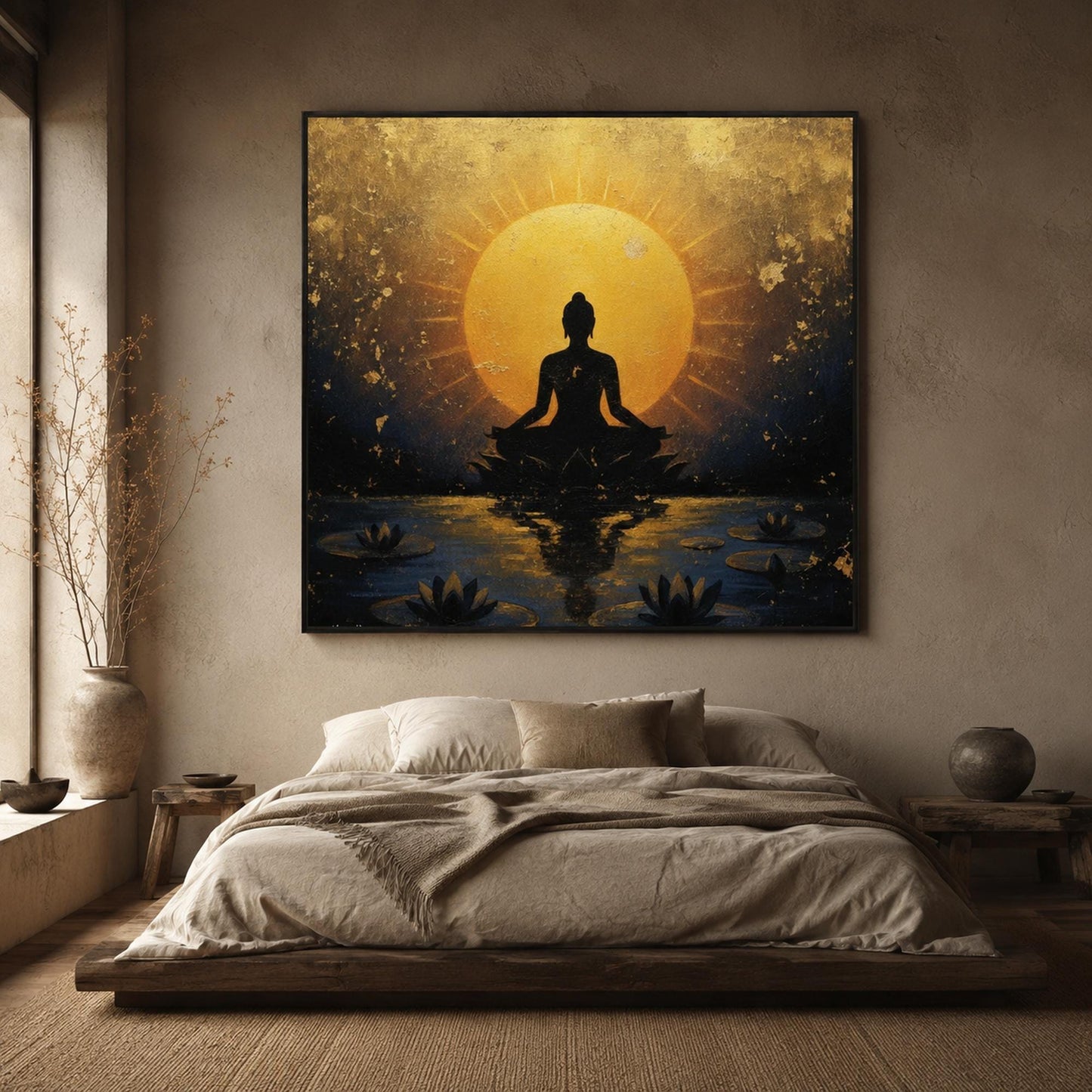 Gold Lotus Floral Wall Art – Buddha Painting Lotus Meditation Canvas