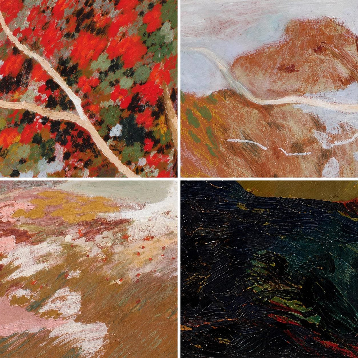May include: A four-panel collage of abstract oil paintings. The top left shows red, green, and black foliage with a white branch. The top right features brown hills and a white path. The bottom left displays tan and pink textures. The bottom right is dark.