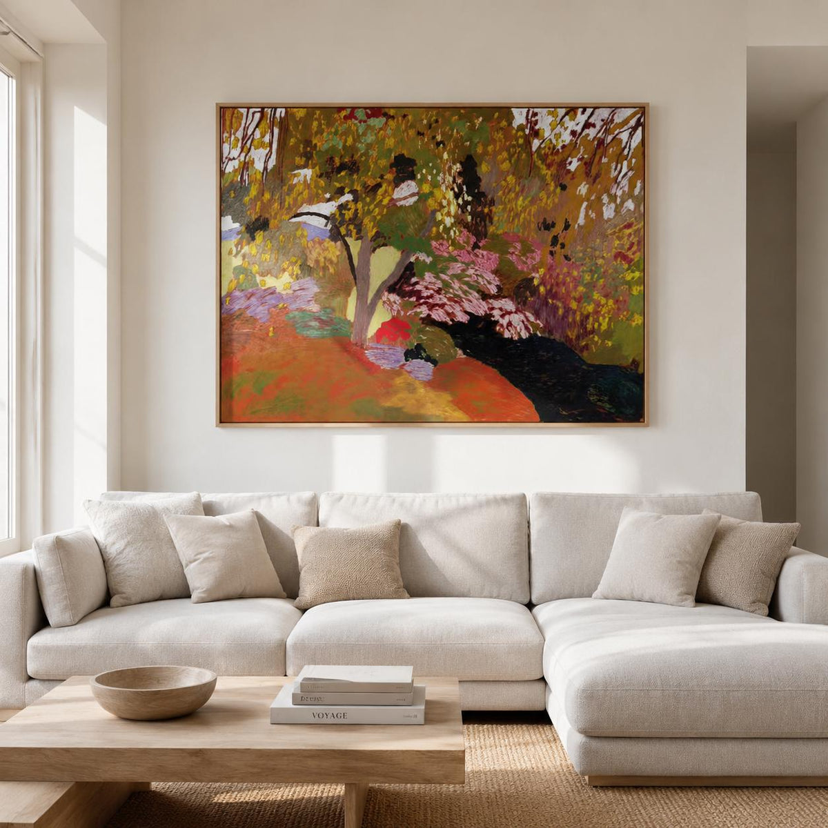 May include: A large rectangular landscape painting in a thin wooden frame featuring an abstract forest scene with vibrant autumn colors including deep orange, golden yellow, olive green, and dark brown tones, displayed on a plain off-white wall.