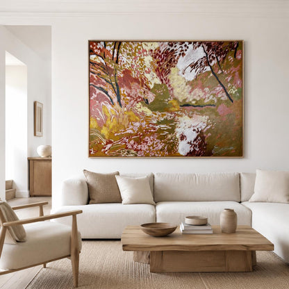 May include: A large rectangular canvas painting featuring an abstract landscape with thick, textured brushstrokes in shades of burnt orange, deep red, golden yellow, and cream, depicting a forest scene with dark tree trunks and foliage.