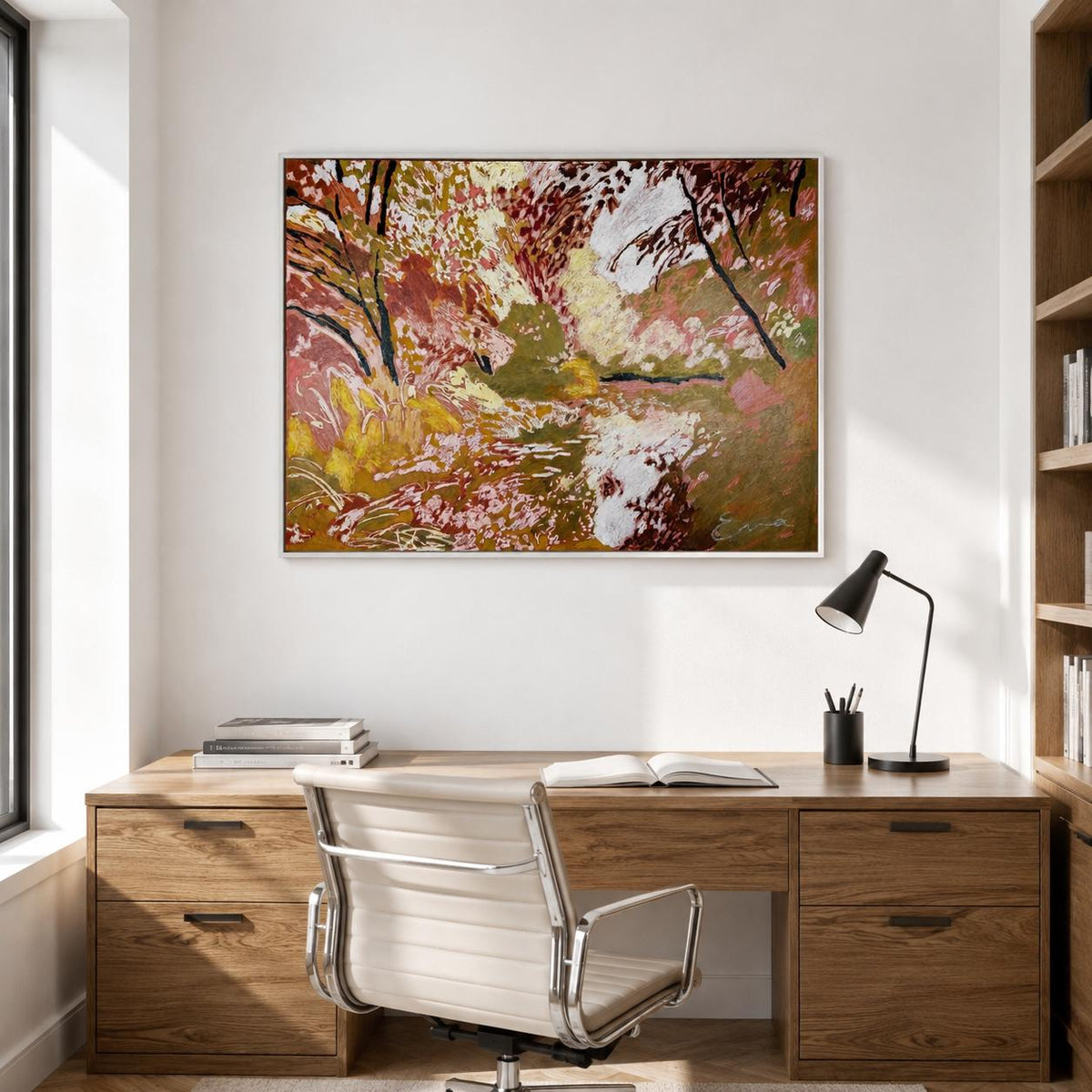May include: A rectangular framed painting featuring an abstract landscape with a palette of warm autumn colors including shades of gold, rust, deep red, and brown. The artwork depicts a dense forest scene with textured brushstrokes and light.
