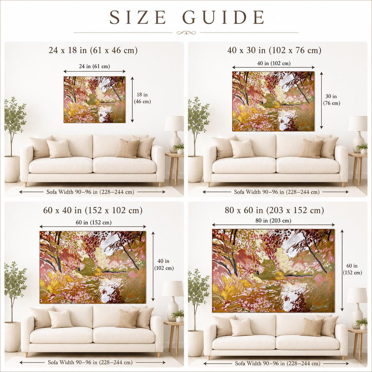 May include: A size guide chart for wall art featuring four panels showing an abstract landscape painting with autumn colors above a sofa. Dimensions include 24x18 in, 40x30 in, 60x40 in, and 80x60 in. The text SIZE GUIDE is at the top of the image.