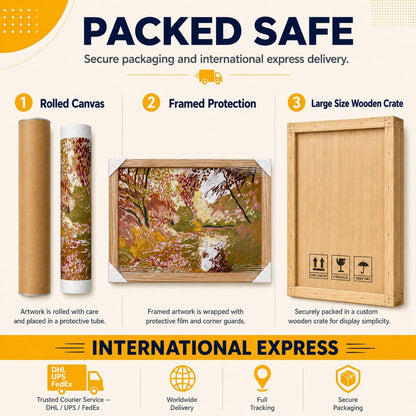 May include: An infographic titled PACKED SAFE showing three shipping methods: a brown cardboard tube for rolled canvas, a framed painting with white corner guards, and a large wooden crate with fragile, handle with care, and umbrella icons.