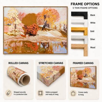 May include: A landscape painting featuring autumn trees in shades of orange, yellow, and brown reflected in a body of water. The image displays frame options in black, white, gold, silver, and wood, alongside rolled, stretched, and framed canvas formats.