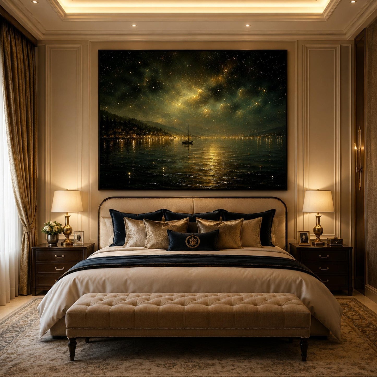 Starry Night Lake Painting Milky Way Canvas Sailboat Wall Art Town Lights Galaxy Sky Dark Gold Landscape Bedroom Living Room 
