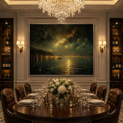 Gold Lake Landscape Wall Art – Starry Night Sailboat