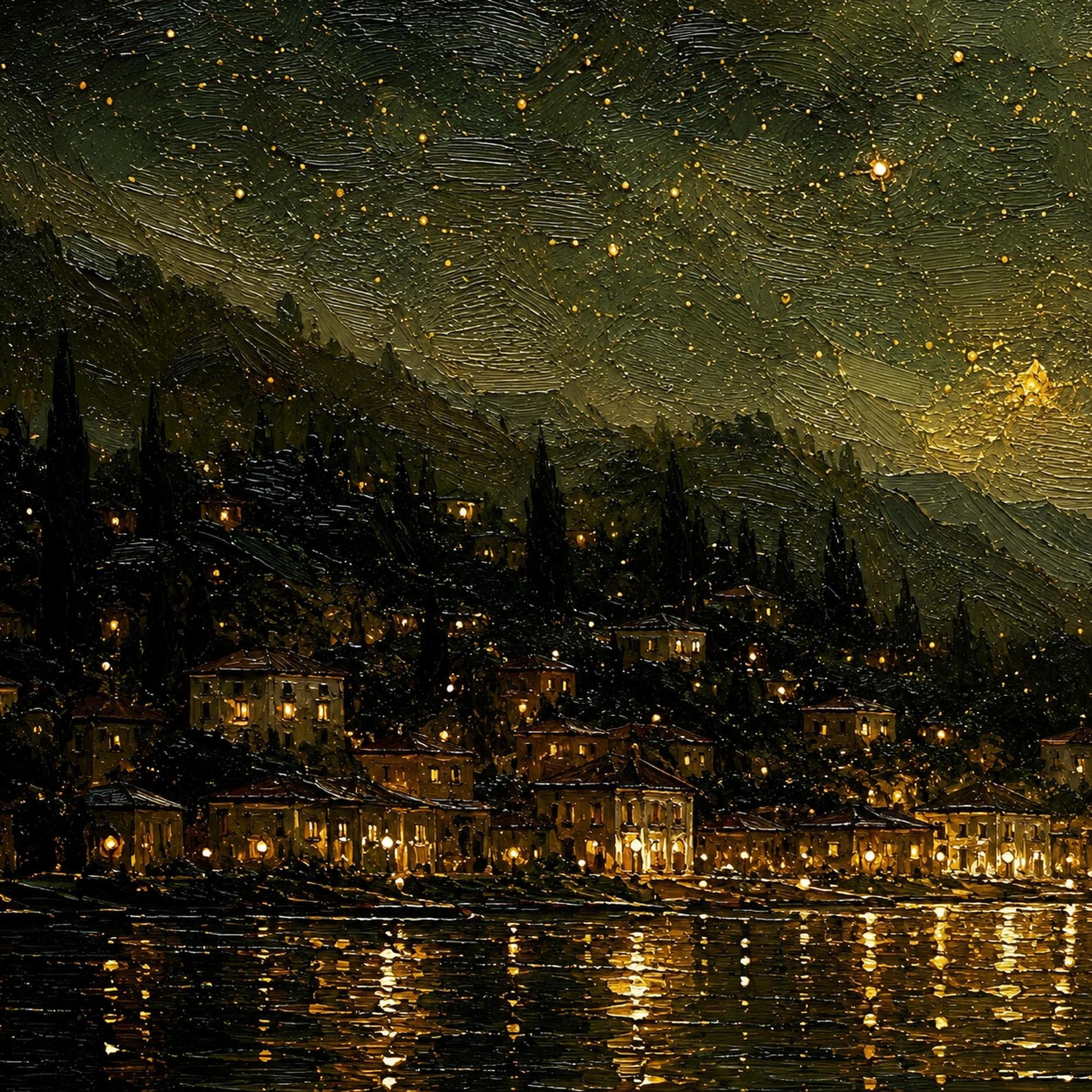 Starry Night Lake Painting Milky Way Canvas Sailboat Wall Art Town Lights Galaxy Sky Dark Gold Landscape Bedroom Living Room 