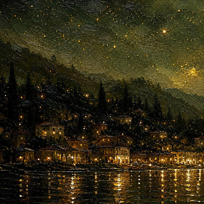 Starry Night Lake Painting Milky Way Canvas Sailboat Wall Art Town Lights Galaxy Sky Dark Gold Landscape Bedroom Living Room 
