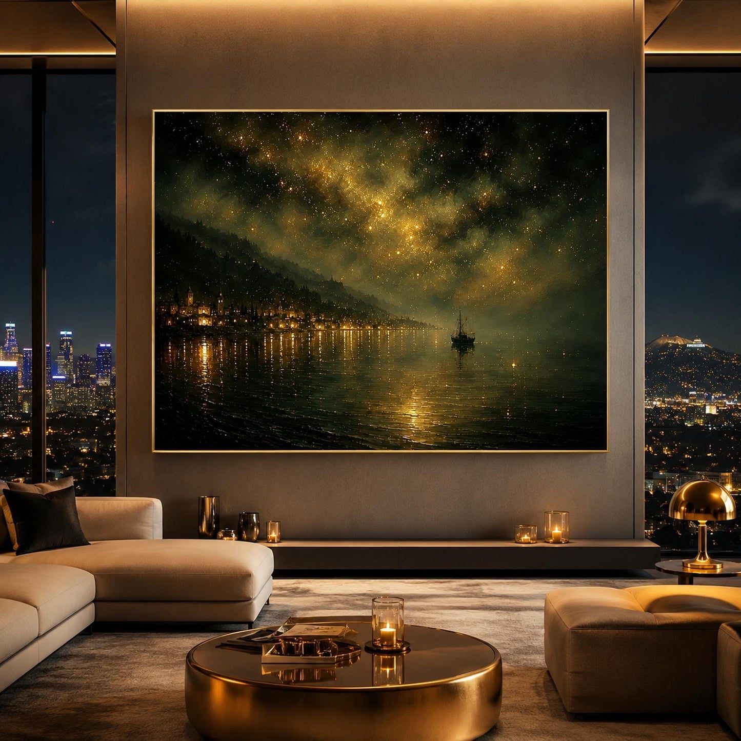Gold Ship Harbor Canvas Painting – Starry Night Harbor Wall Art
