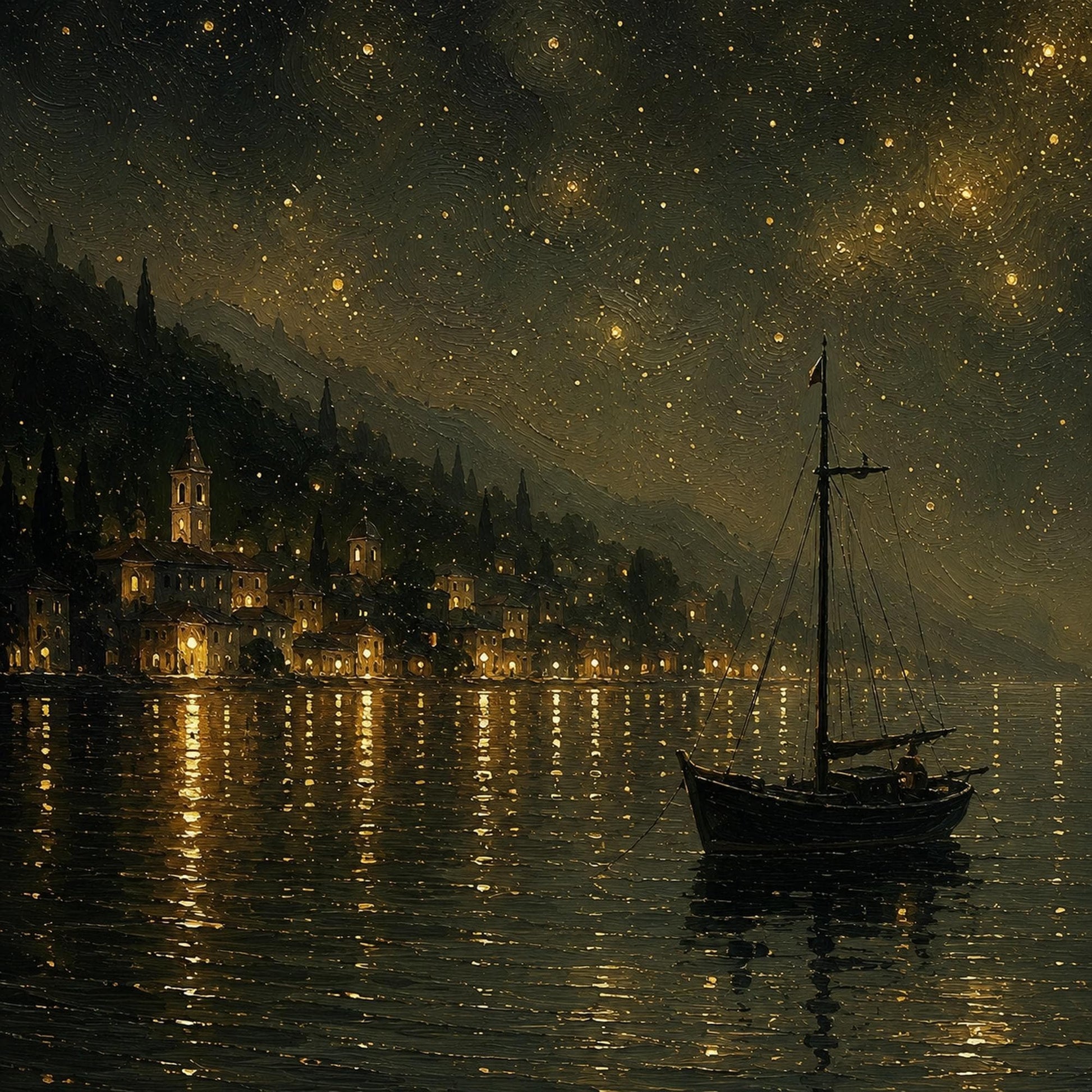 Starry Night Harbor Painting – Gold Ship | Painting, view 4