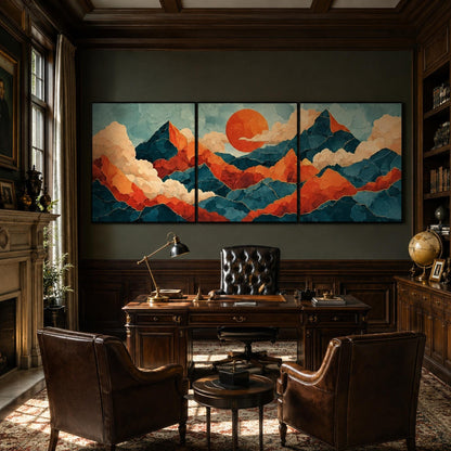 Sunrise Mountain Triptych Painting Clouds Canvas Art Modern Asian Wall Decor – Blue and Orange Sunrise | Painting, view 4