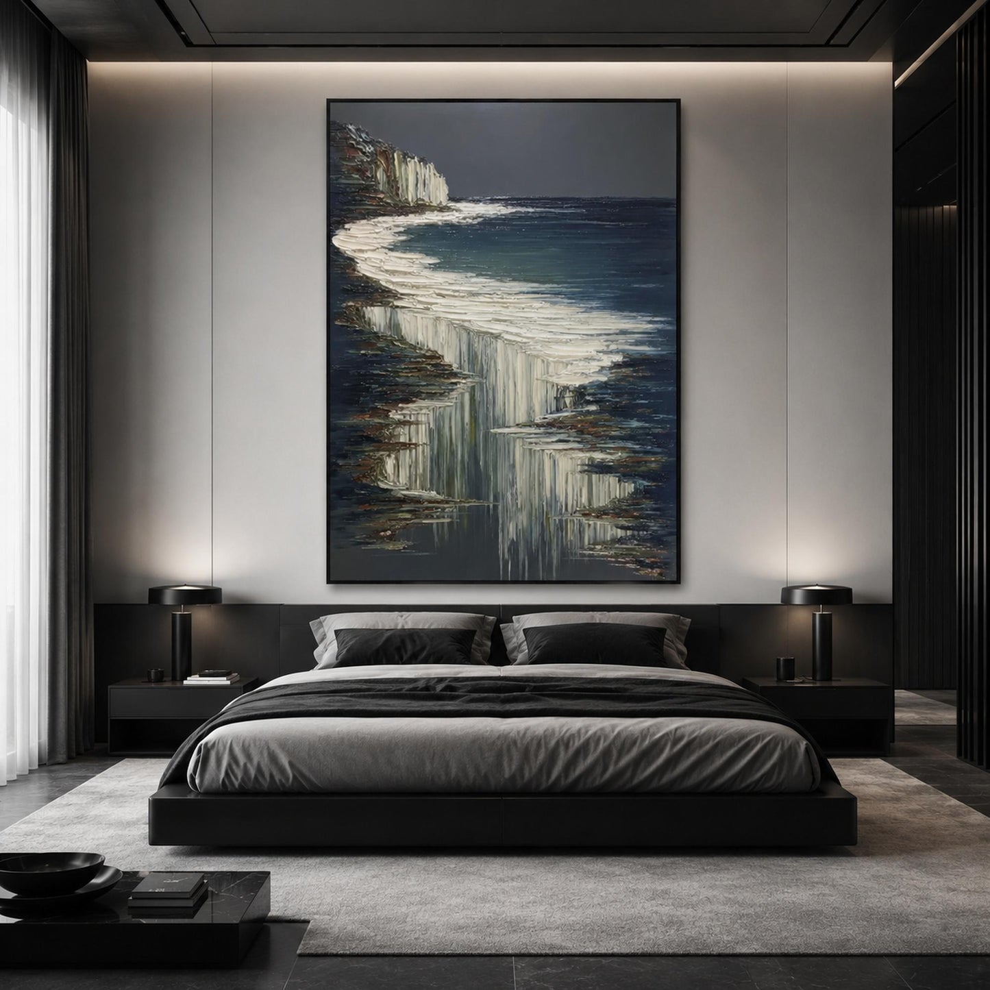 White Cliffs Dark – Navy and White Ocean Wall Art | Impasto Painting, view 3
