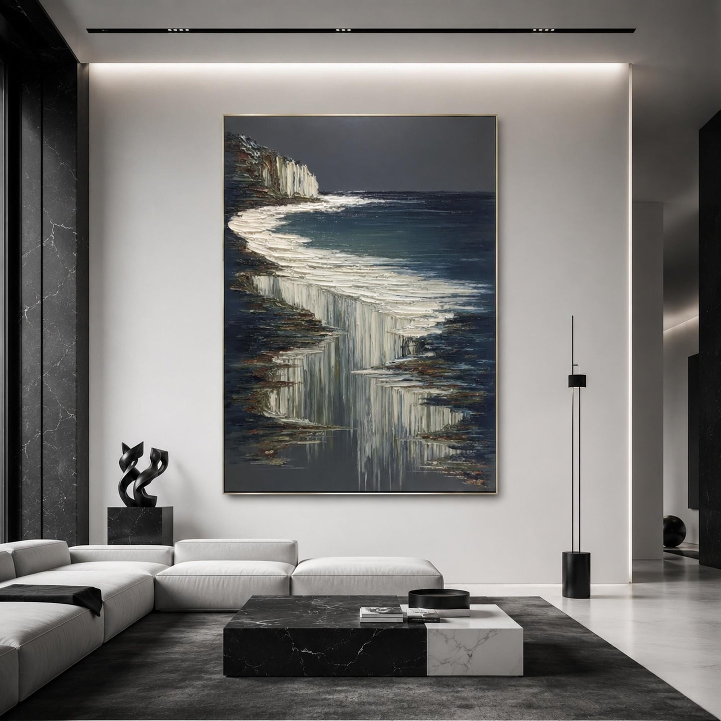 Navy and White Impasto Ocean Wall Art – White Cliffs Dark