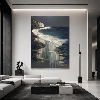 Navy and White Impasto Ocean Wall Art – White Cliffs Dark
