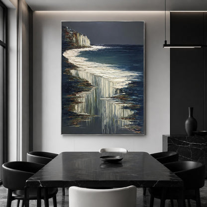 Navy and White Impasto Ocean Wall Art – White Cliffs Dark