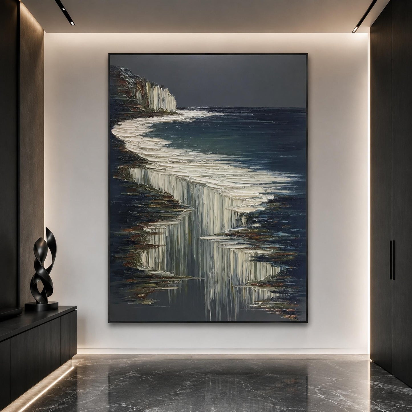 Navy and White Impasto Ocean Wall Art – White Cliffs Dark