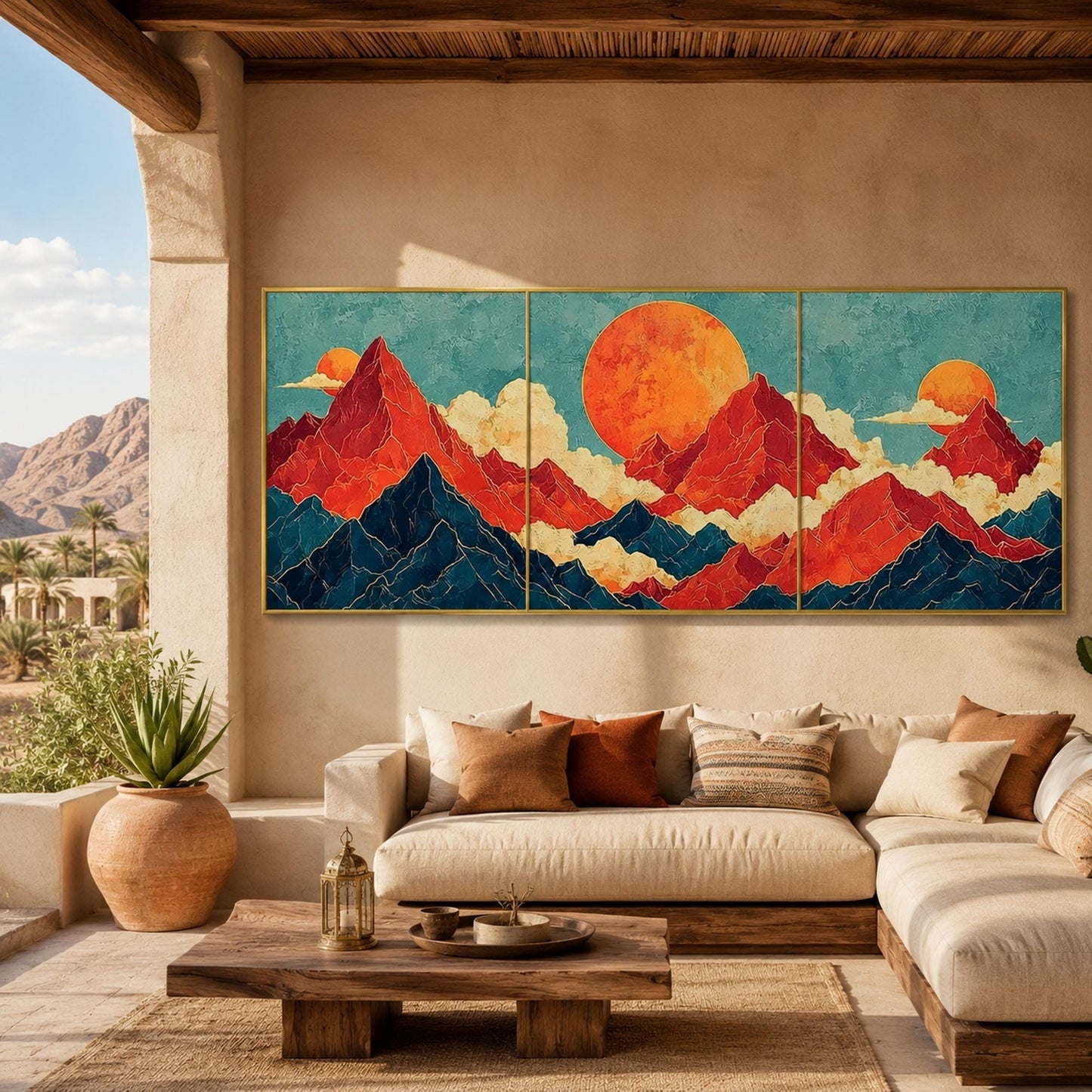 Teal and Gold Celestial Geometric Wall Art – Japanese Mountain Triptych