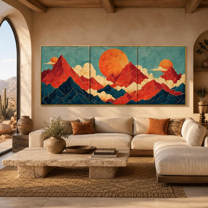 Japanese Mountain Triptych Painting Red Sun Canvas Art Modern Oriental Wall Decor – Teal and Gold Celestial Geometric Wall Ar