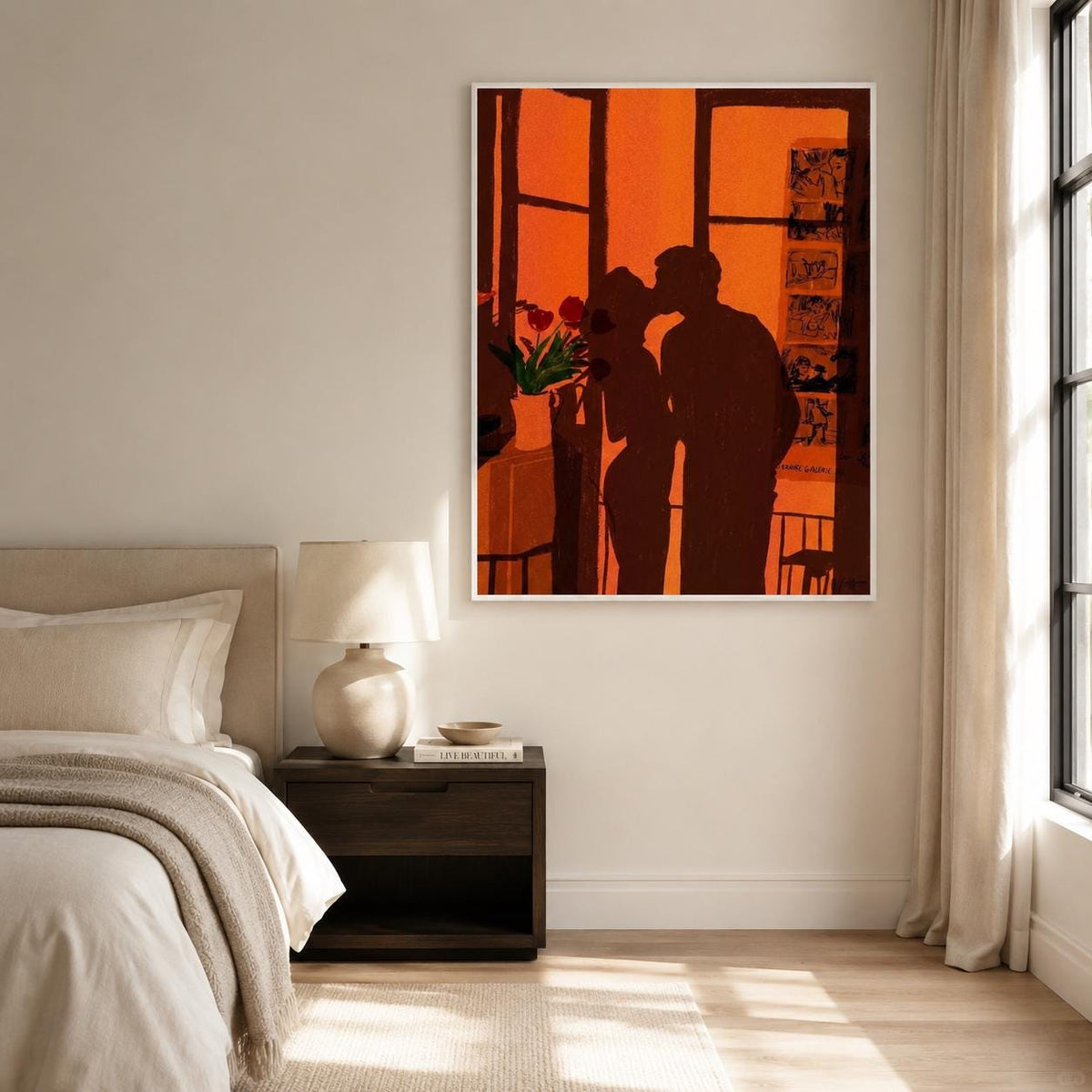 Couple Silhouette Wall Art Orange Romantic Figurative Canvas Painting for Modern Bedroom Decor