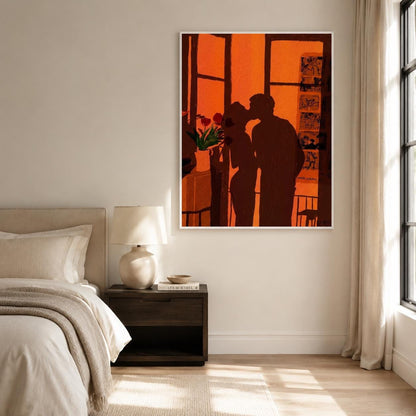 Couple Silhouette Wall Art Orange Romantic Figurative Canvas Painting for Modern Bedroom Decor