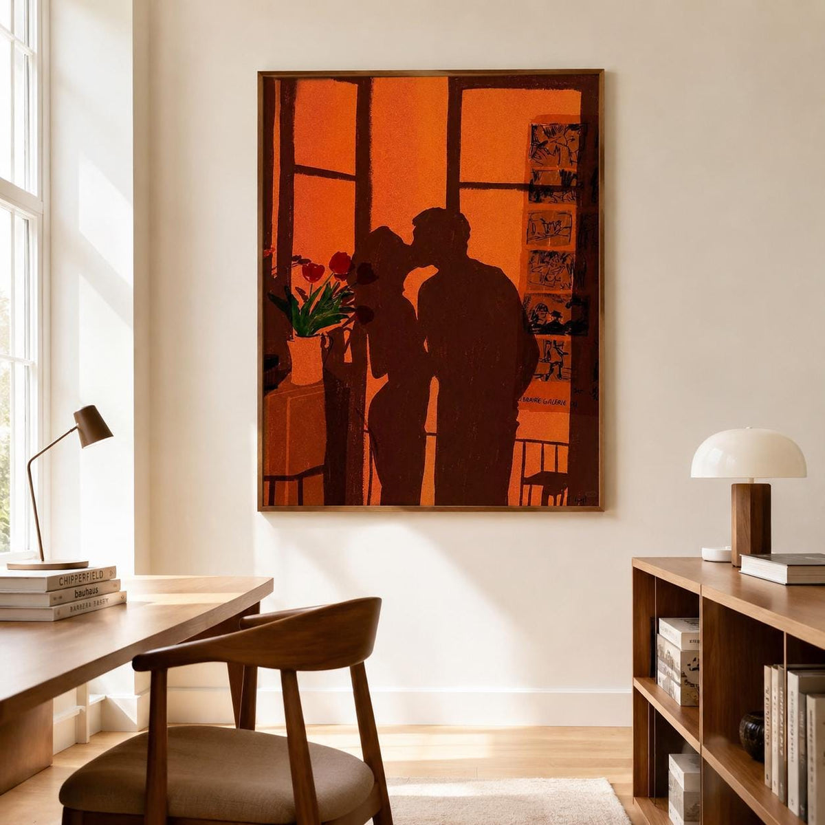 Couple Silhouette Wall Art Orange Romantic Figurative Canvas Painting for Modern Bedroom Decor