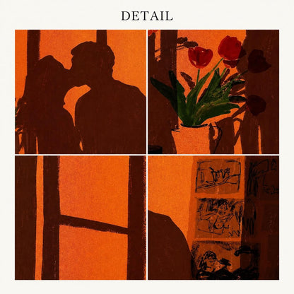 May include: A four-panel grid print titled DETAIL featuring orange and brown tones. Panels show silhouettes of two people kissing, red tulips in a vase, a window frame, and a collection of small sketches depicting figures and scenes.
