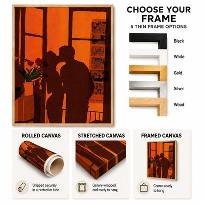Couple Silhouette Wall Art Orange Romantic Figurative Canvas Painting for Modern Bedroom Decor