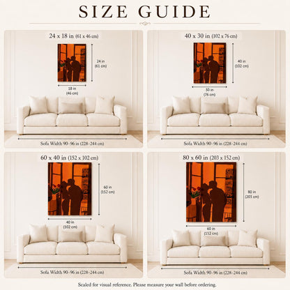 May include: A size guide chart for wall art featuring four illustrations of a couple kissing in a window, displayed above a sofa. The text includes SIZE GUIDE and dimensions in inches ranging from 24x18 to 80x60, with sofa widths of 90-96 inches.