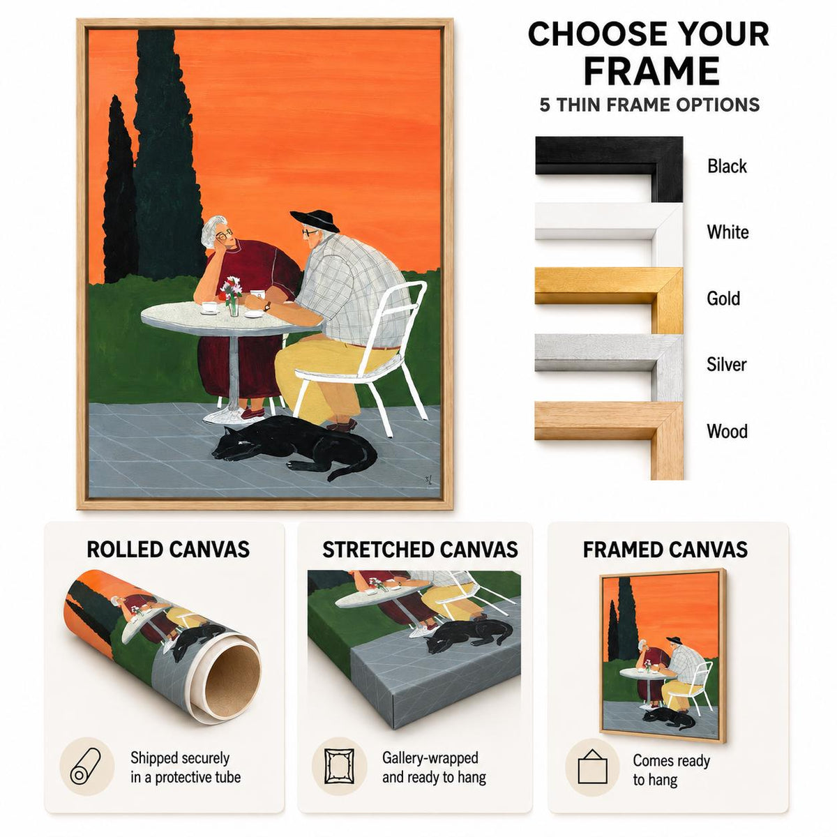 May include: A framed art print featuring two people sitting at a table with a black cat, set against an orange sky. The image displays five frame color options: black, white, gold, silver, and wood, alongside visual examples of rolled, stretched, and framed canvas formats.