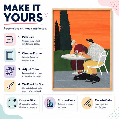May include: A framed painting featuring two people sitting at a round table outdoors against an orange sky, with a black cat lying on the ground. The text reads MAKE IT YOURS, 1. Pick Size, 2. Choose Frame, 3. Adjust Color, 4. We Paint for You.