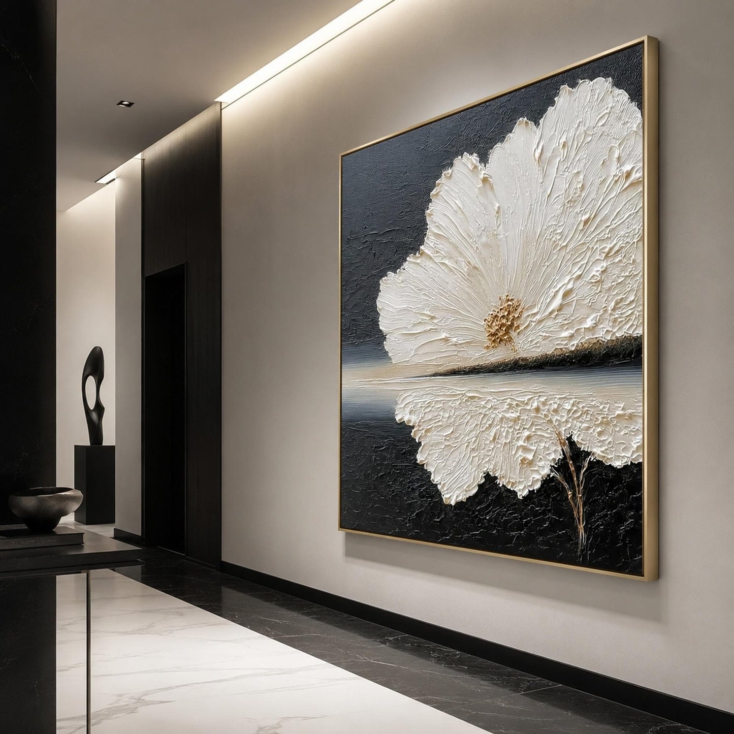 White Flower Black Background Painting Gold Center Thick Impasto Canvas Art – Gold and Black Floral Wall Art | Minimalist Imp