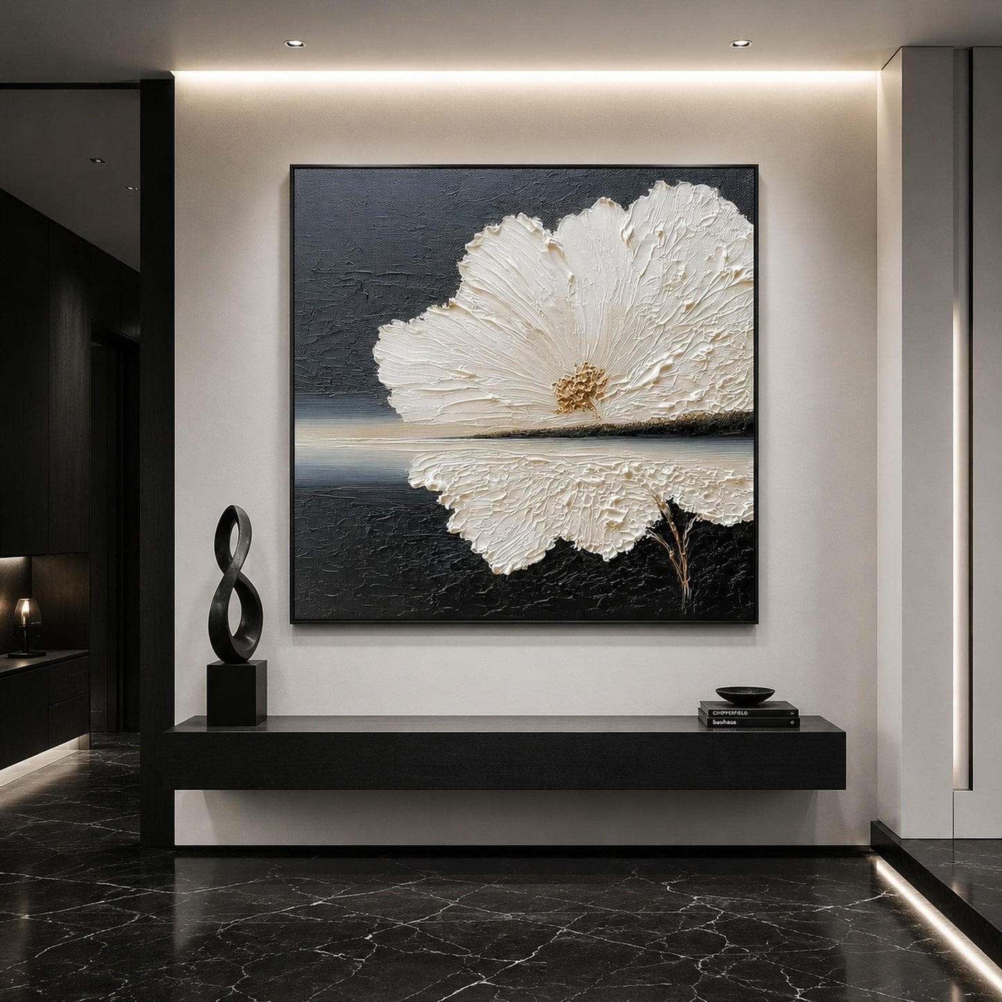 White Flower Black Background Gold Center Impasto Floral Wall Art