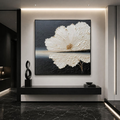 White Flower Black Background Gold Center Impasto Floral Wall Art