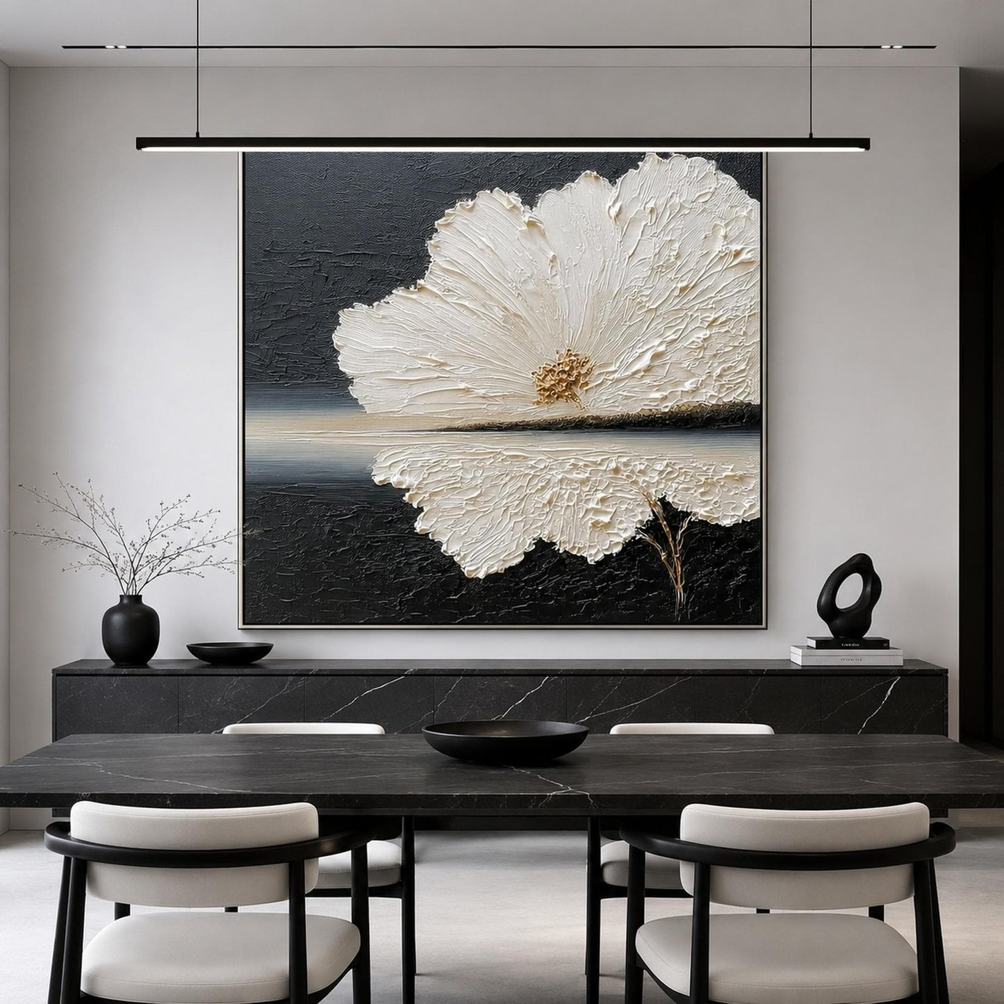 White Flower Black Background Gold Center Impasto Floral Wall Art