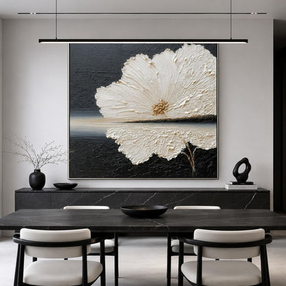 White Flower Black Background Gold Center Impasto Floral Wall Art