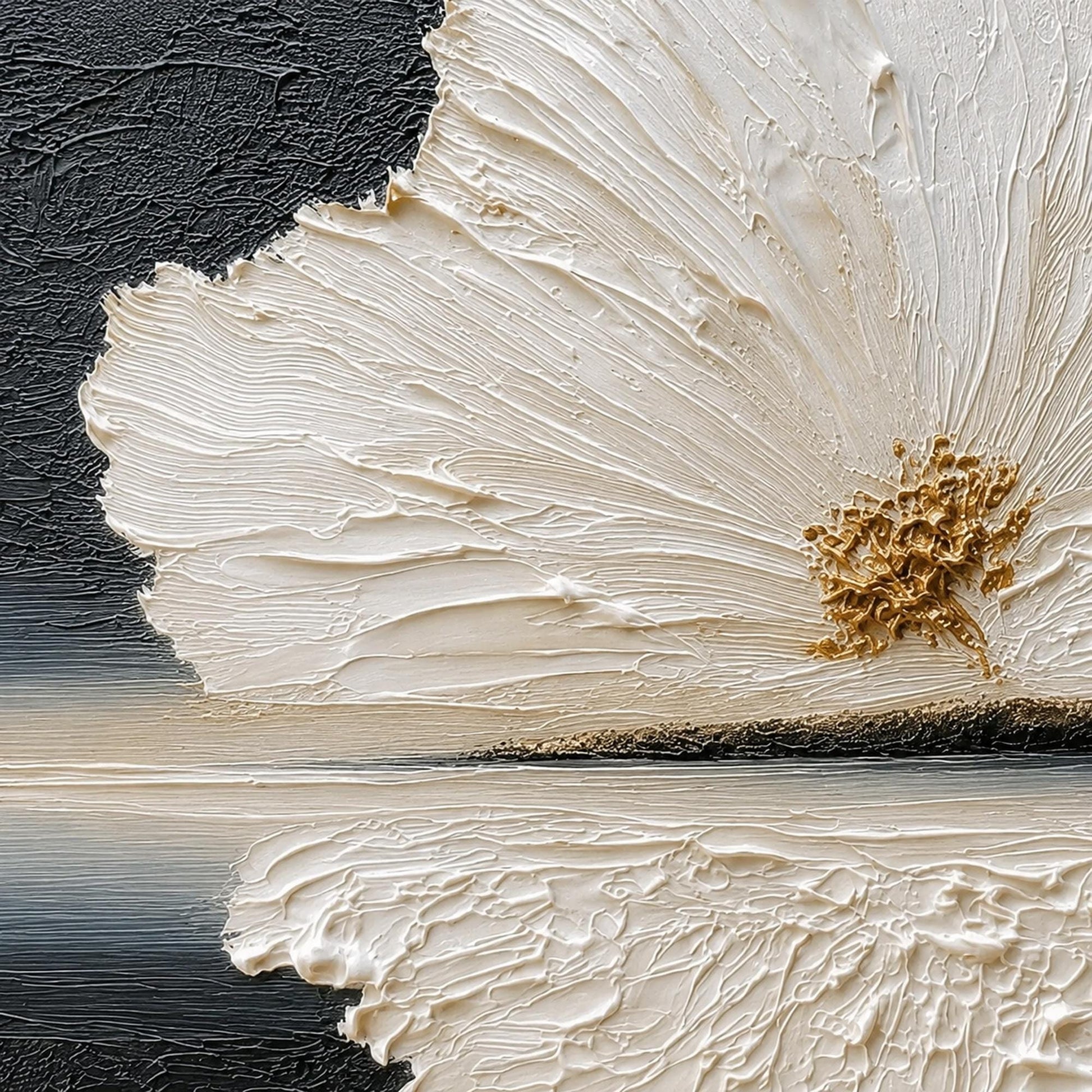 White Flower Black Background Painting Gold Center Thick Impasto Canvas Art – Gold and Black Floral Wall Art | Minimalist Imp