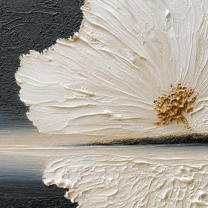 White Flower Black Background Painting Gold Center Thick Impasto Canvas Art – Gold and Black Floral Wall Art | Minimalist Imp