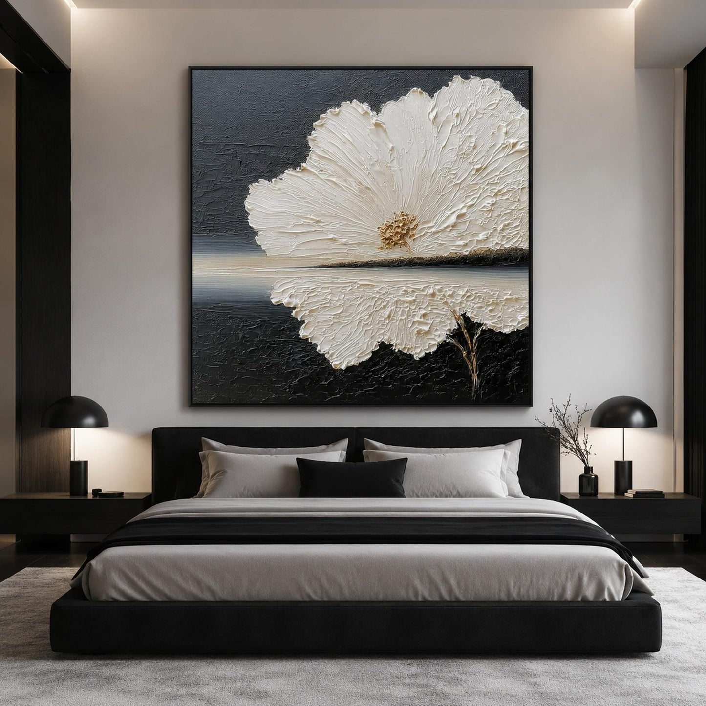 White Flower Black Background Painting Gold Center Thick Impasto Canvas Art – Gold and Black Floral Wall Art | Minimalist Imp