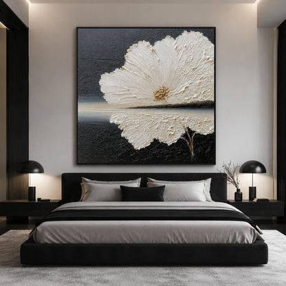 White Flower Black Background Painting Gold Center Thick Impasto Canvas Art – Gold and Black Floral Wall Art | Minimalist Imp