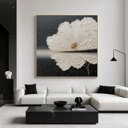 White Flower Black Background Painting Gold Center Thick Impasto Canvas Art – Gold and Black Floral Wall Art | Minimalist Imp